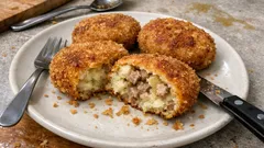 揚げないのにサクサク。パン粉を先に炒めて作るフライパン焼きコロッケ