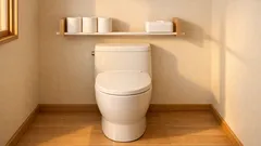 トイレの床に物を置かない収納術 便器奥を突っ張り棒で棚にして掃除を時短