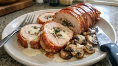 パンチェッタで包む豚ロースのロールロースト：ソーセージフィリングでごちそうに