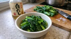 白だしでやさしい減塩副菜：アスパラ菜のおひたし（茎と葉は別ゆで）